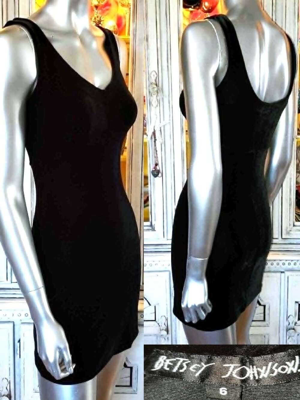 Vintage Betsey Johnson Velvet Slip Dress 90s Black Stretch Sheath Bodycon 6 S M